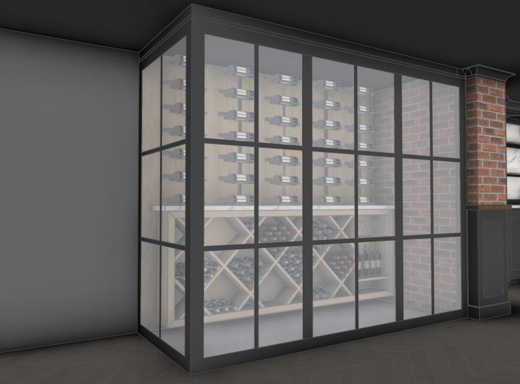 Beautiful wine cellar with glass doors with steel frames